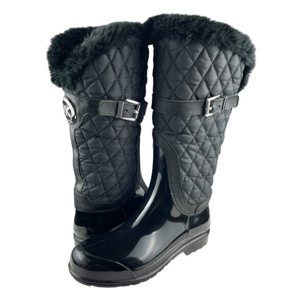 Michael Kors Woman's Fulton Rain Snow Boots 8 M Black Rubber Quilted Faux Fur - Picture 1 of 14